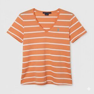 Ralph Lauren Orange White Striped V-Neck T-Shirt Women’s